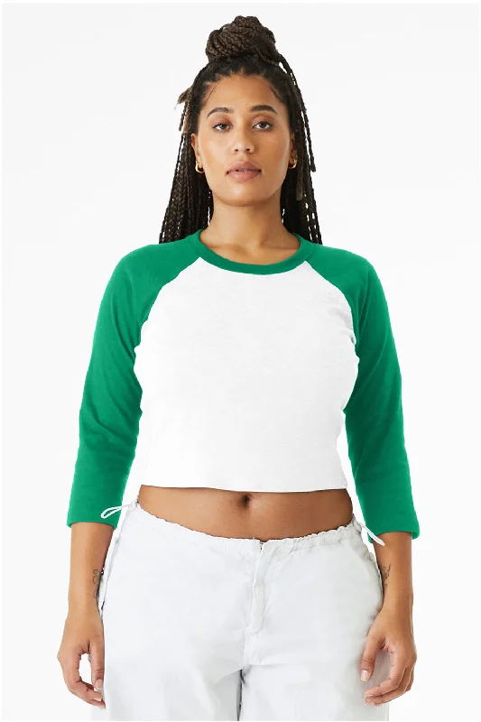 Bella + Canvas Womens Micro Ribbed Raglan 3/4 Sleeve Crewneck Baby T-Shirt - White/Kelly Green