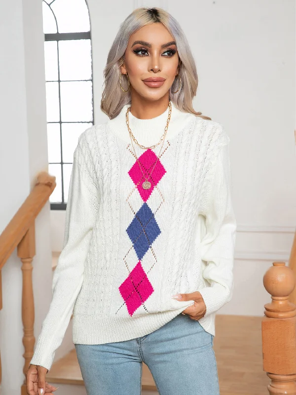 Openwork Geometric Mock Neck Sweater