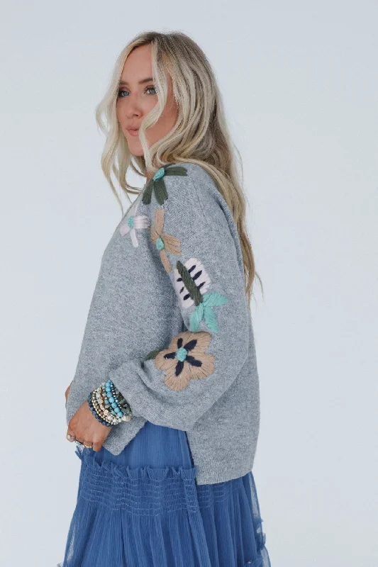 Wild Blossom Embroidered Sweater - Gray