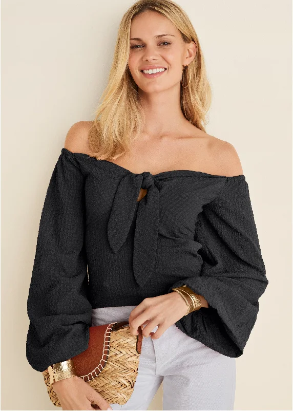 Textured Tie Front Top - Black