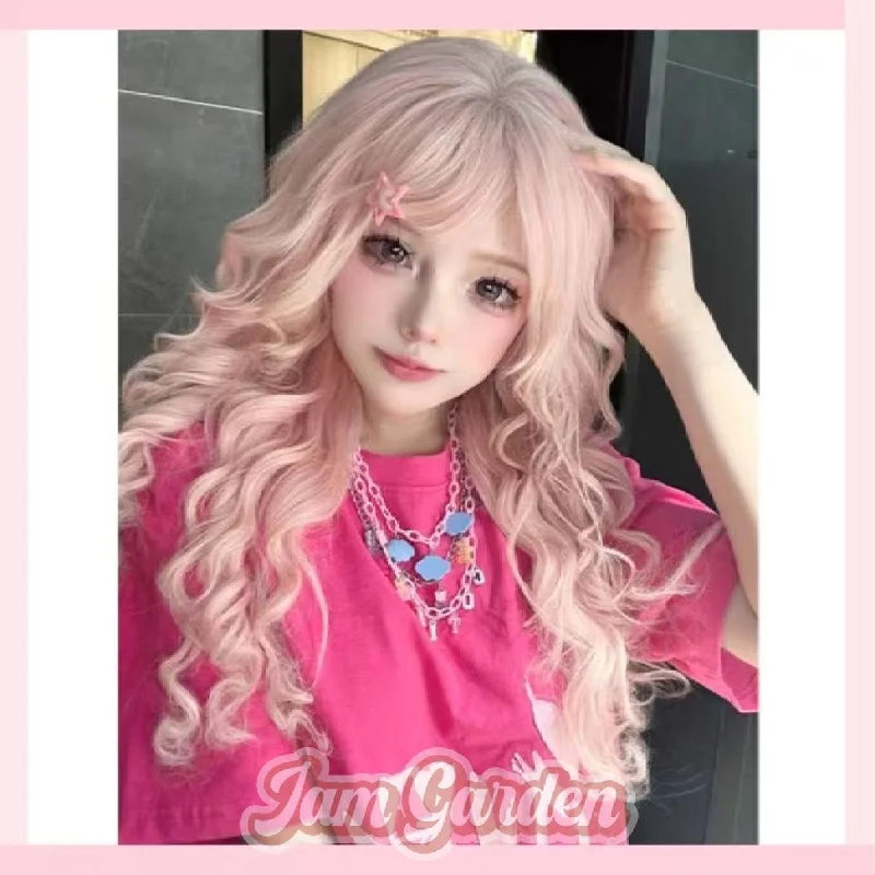 Wig Long Hair Fashion New Pink Wool Roll Cute Fluffy Natural Long Curly Hair Natural Invisible