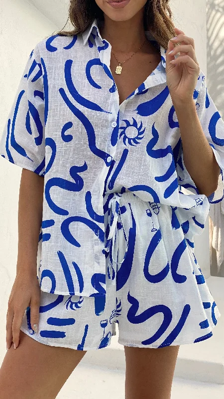 Charli Button Up Shirt and Shorts Set - White/Blue Swirl