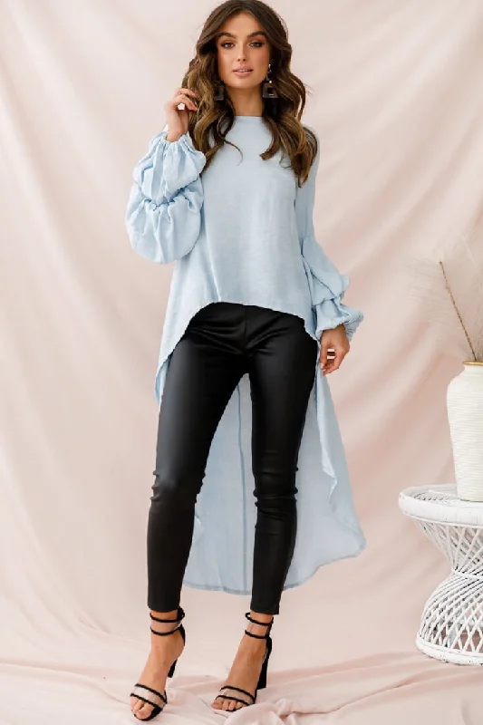 Elaine High Low Balloon Sleeve Top Blue