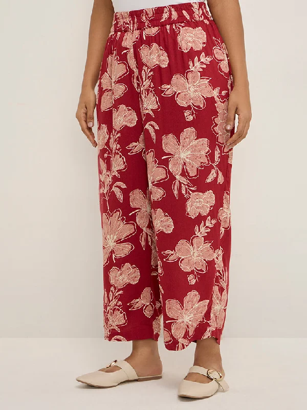 Diza Red Floral Printed Ethnic Pants