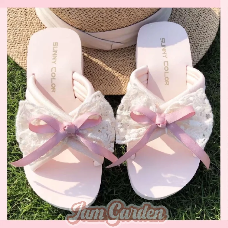 Slippers Women'S New Bowknot Flip Flops All-Match Wedge Anti-Slip Beach Shoes