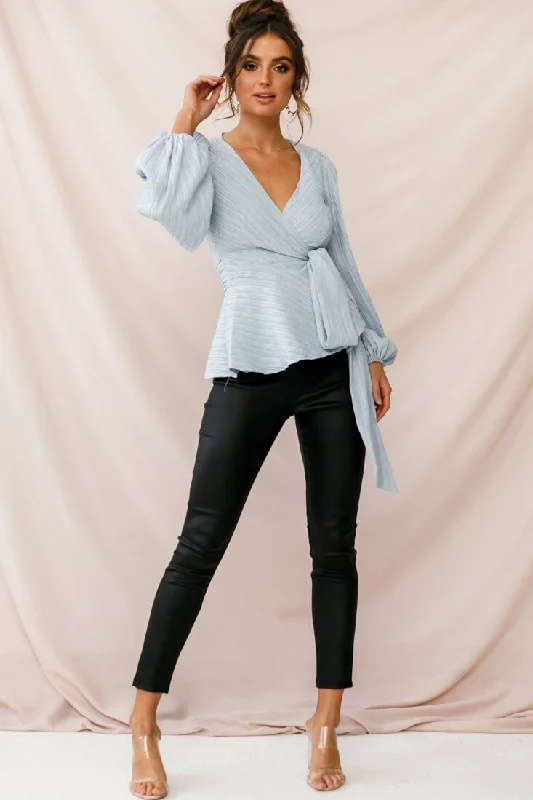 Macy Fit and Flare Wrap Top Blue