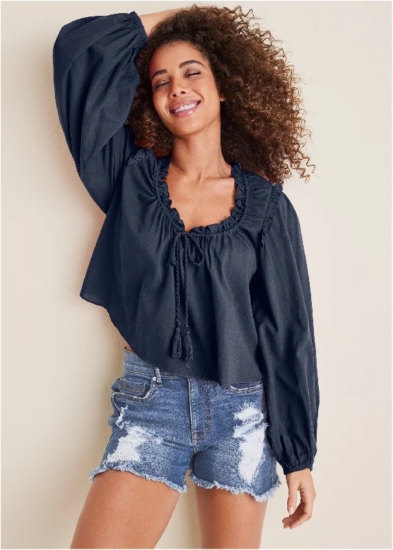 Tassel Long Sleeve Top - Navy