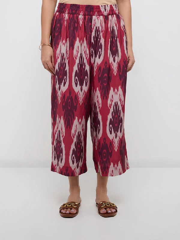 Diza Red Ikat Printed High-Rise Ethnic Pants