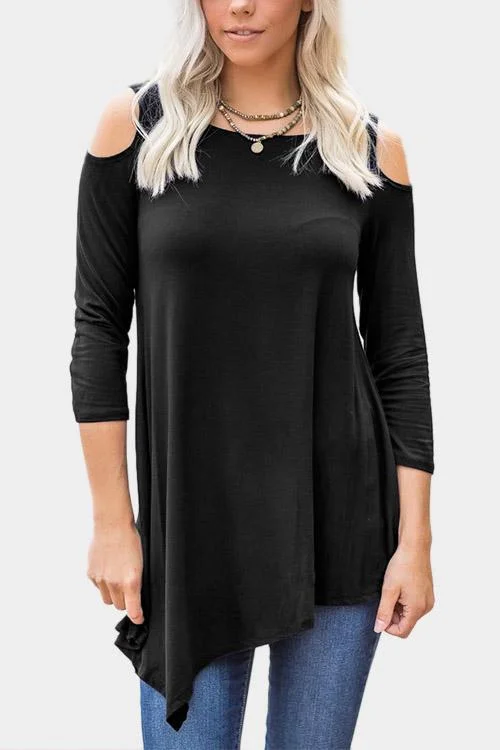 Custom Round Neck Cold Shoulder 3/4 Sleeve Irregular Hem Black T-Shirts