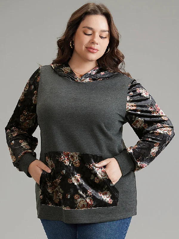 Velvet Patchwork Floral Print Kangaroo Pocket Sweatshirt