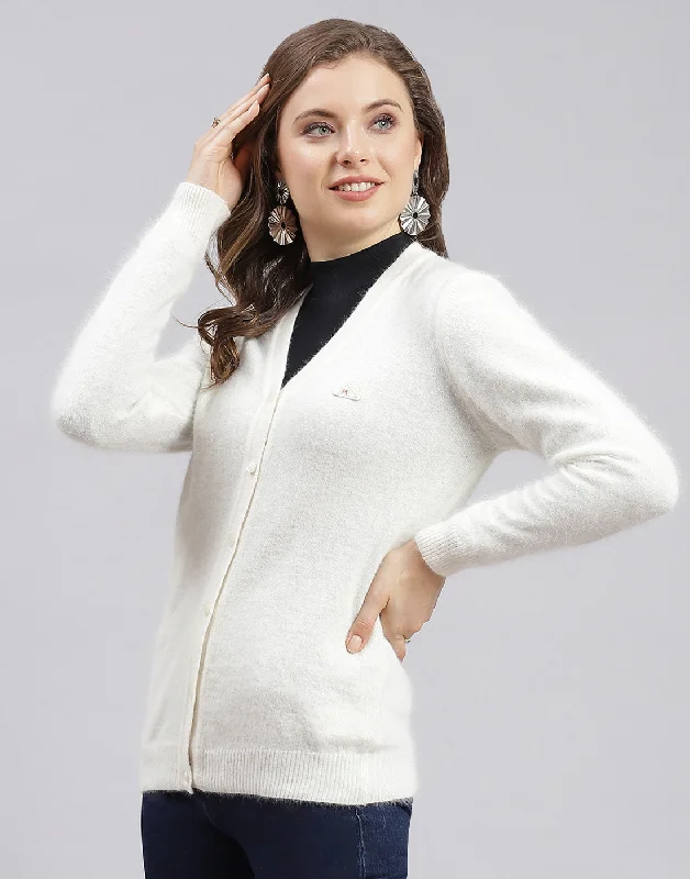 Women Off White Solid V Neck Full Sleeve Cardigan