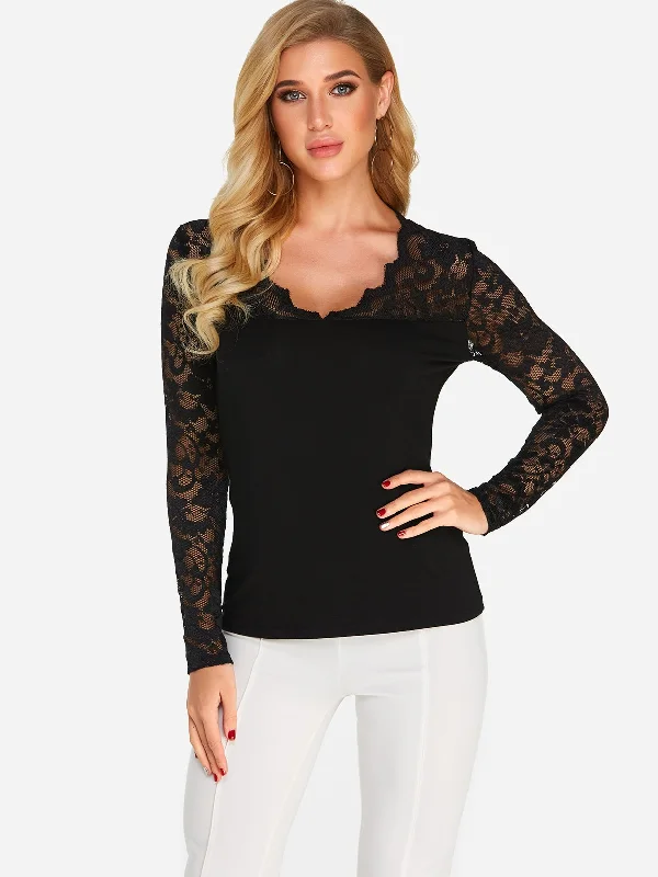 Custom Lace Long Sleeve Black T-Shirts