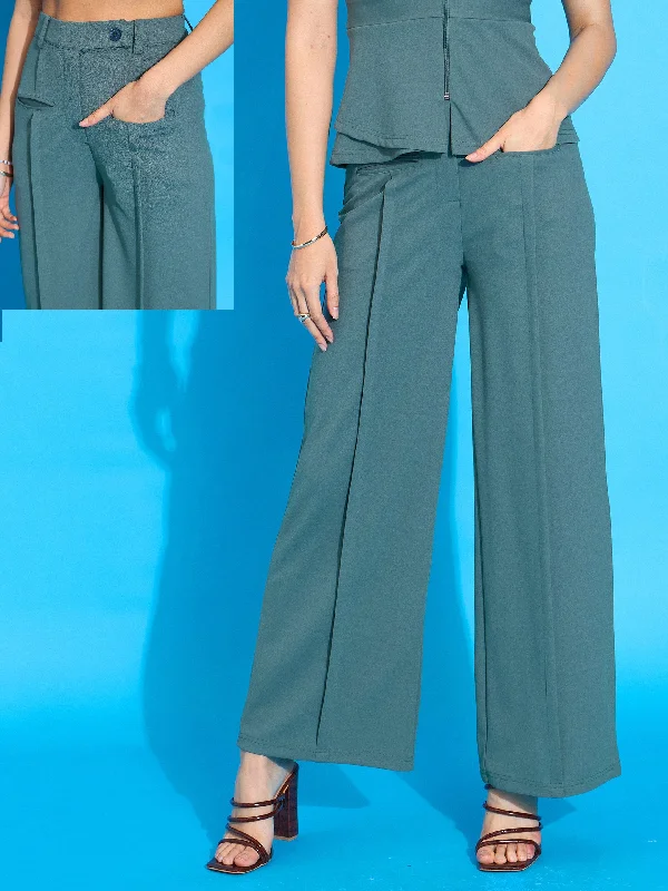 Women Green Front Pleated Straight Fit Trousers