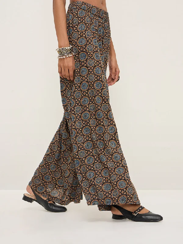 Zuba Blue Printed High-Rise Ethnic Pants