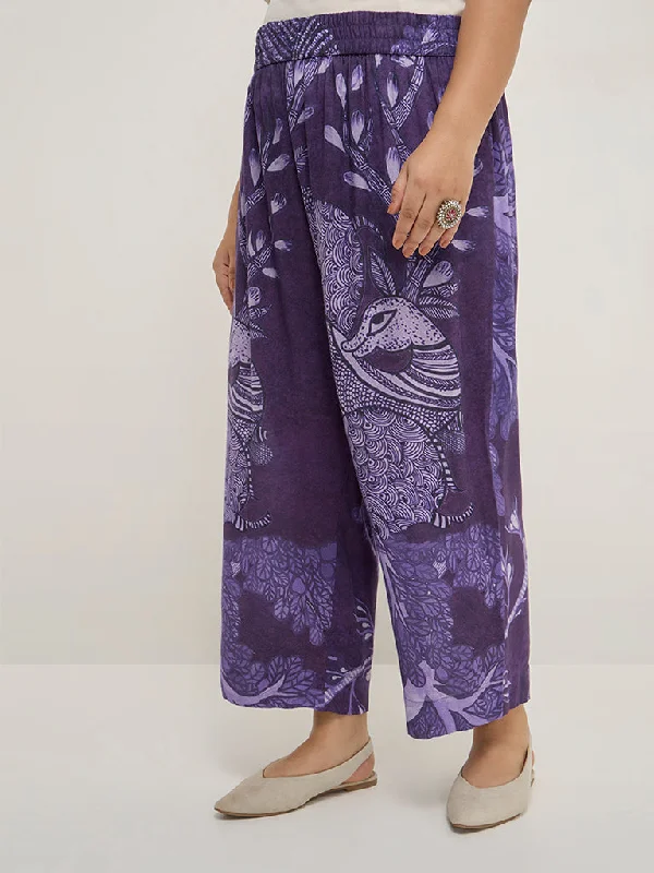 Diza Purple Botanical Printed High-Rise Ethnic Pants