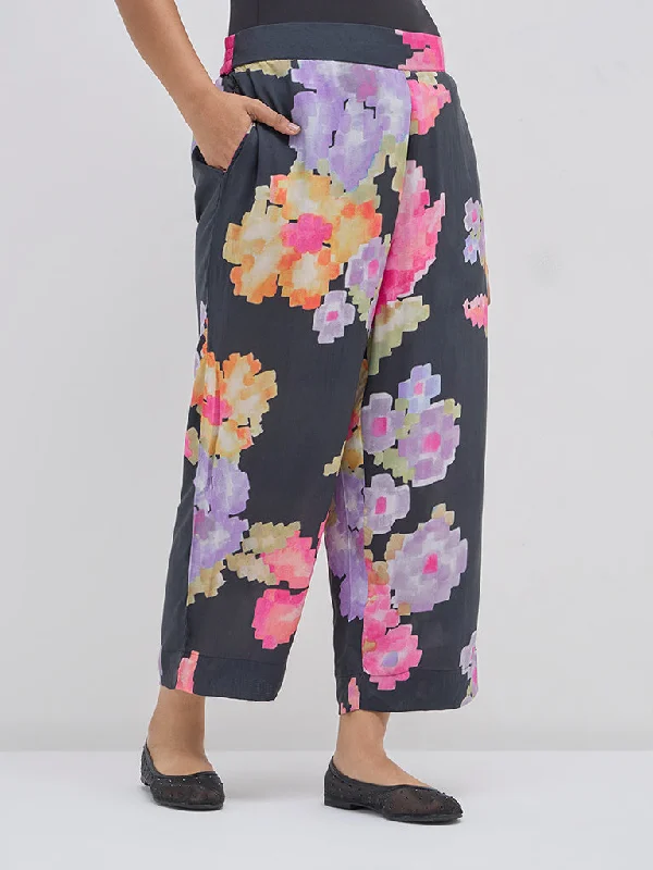 Diza Black Floral Printed High-Rise Ethnic Pants