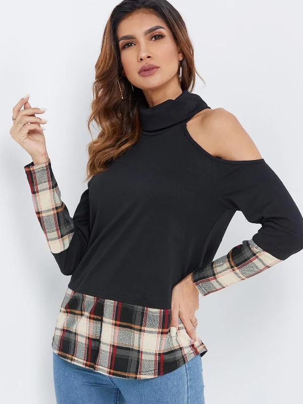 Custom High Neck Cold Shoulder Grid Long Sleeve Black T-Shirts