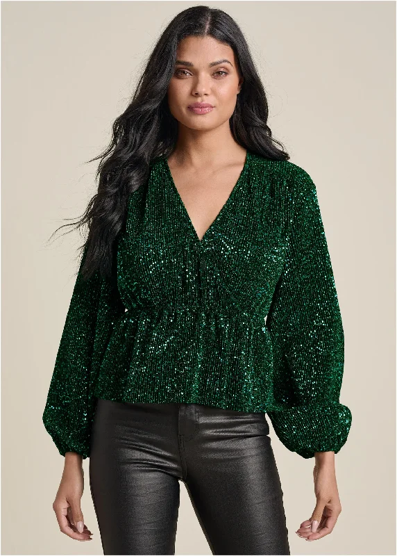 Allover Sequin Wrap Top - Green