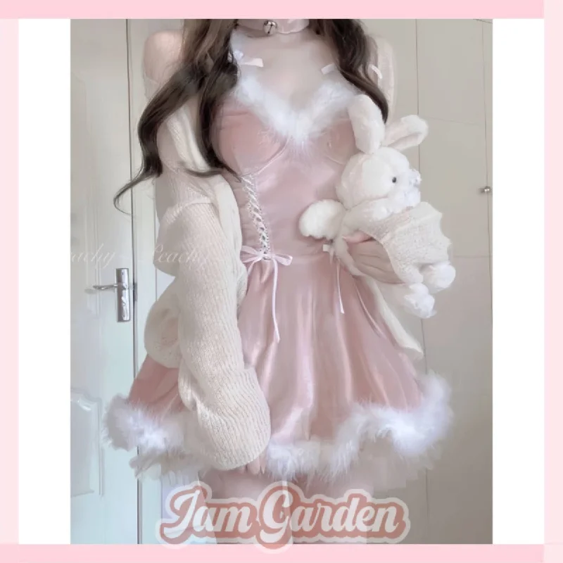 New Year cosplay pink strappy autumn and winter dress