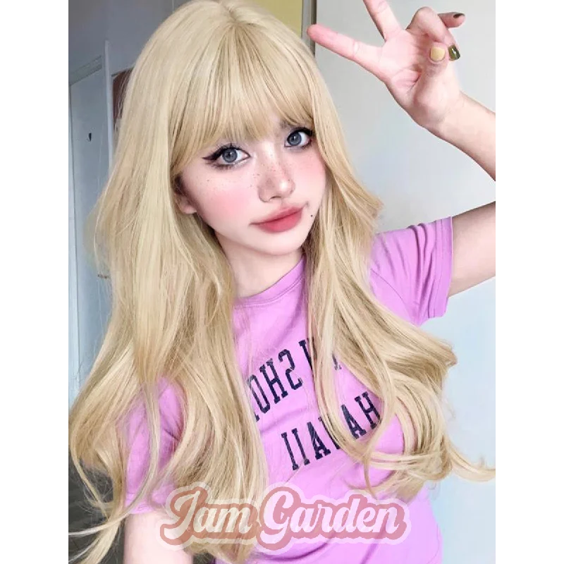 Wig Long Curly Hair Golden Bangs Jk Realistic Scalp Lolita Natural Face Repair Full Headgear