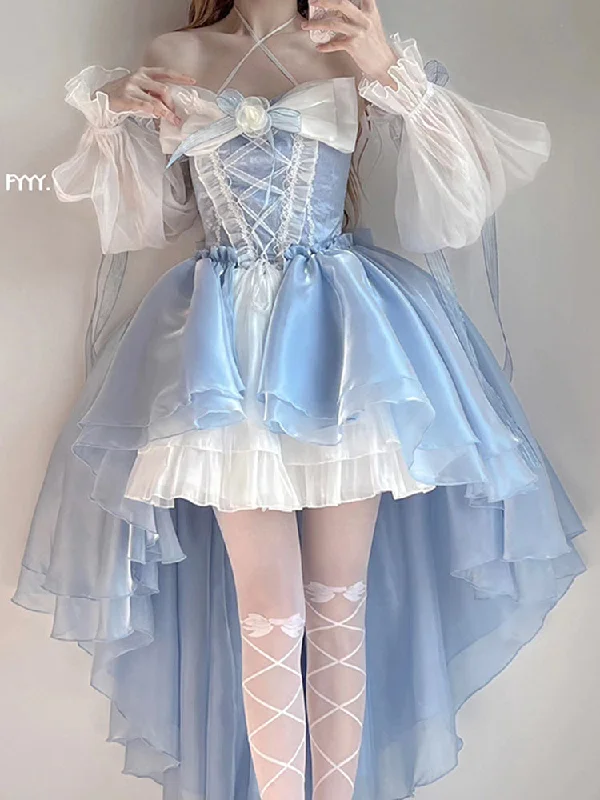 Blue Lolita Dress Flower Wedding Tail Princess Dress