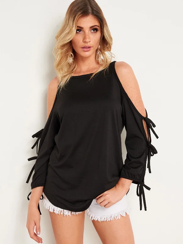 Custom Round Neck Cold Shoulder Lace-Up Cut Out Long Sleeve Black T-Shirts