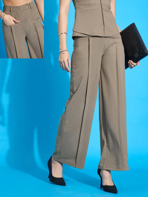 Women Beige Front Pleated Straight Fit Trousers