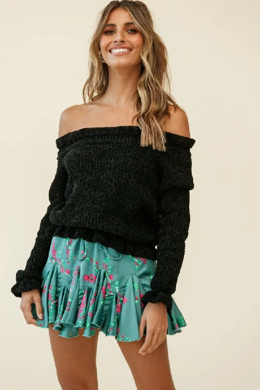 Mackenzie Off-Shoulder Long Sleeve Knit Top Black