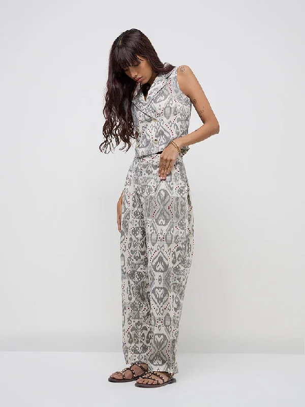 Bombay Paisley Grey Paisley Printed High-Rise Cotton Pants