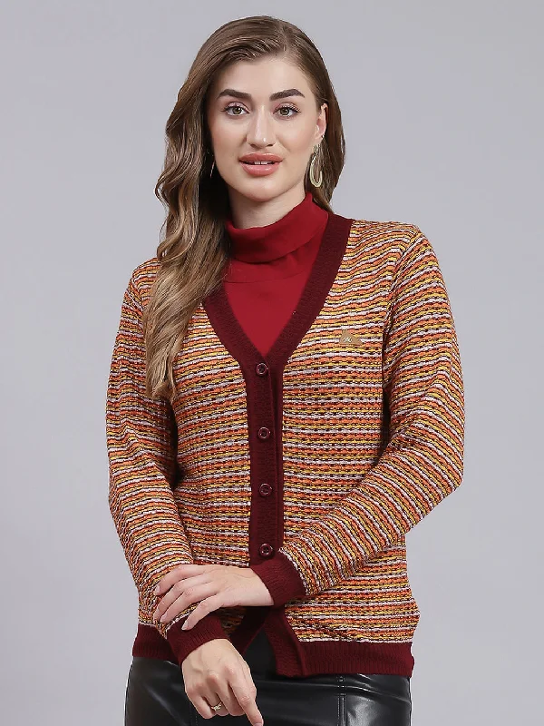 Women Maroon Jaquard Pure wool Cardigan