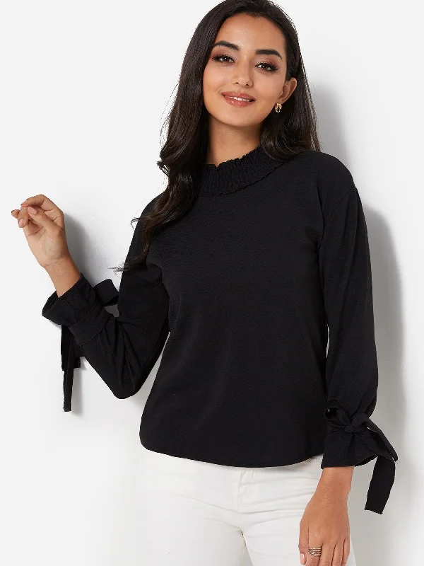 Custom Perkins Collar Plain Pleated Long Sleeve Black T-Shirts