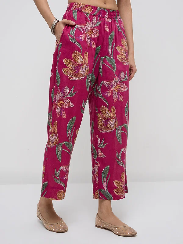 Utsa Magenta Floral Design High-Rise Ethnic Pants