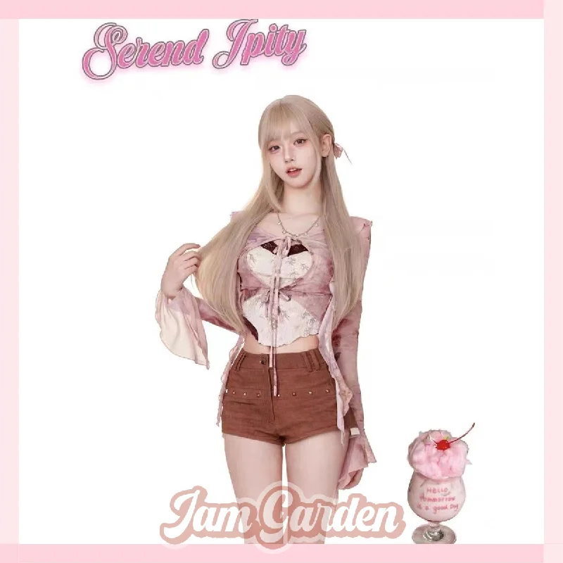 Serendipity Mulan Broken Butterfly pink butterfly cardigan + beige suspenders + coffee shorts