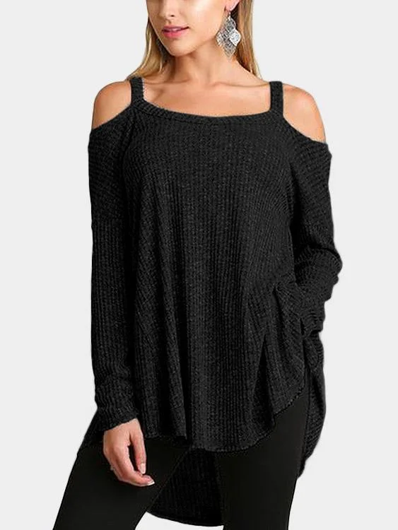 Custom Cold Shoulder Plain Cable Knit Long Sleeve Irregular Hem Black Top