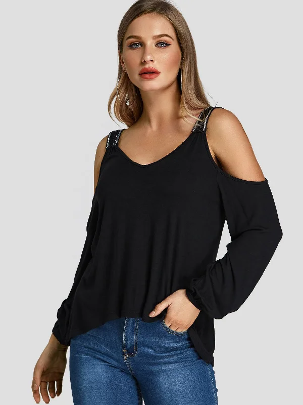 Custom V-Neck Cold Shoulder Cut Out Sequins Embellished Long Sleeve Curved Hem Black T-Shirts