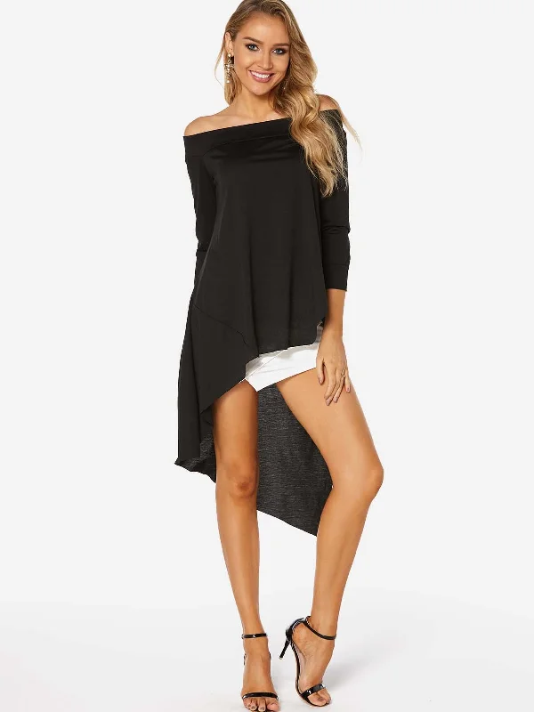 Custom Off The Shoulder Plain Long Sleeve Irregular Hem Black T-Shirts