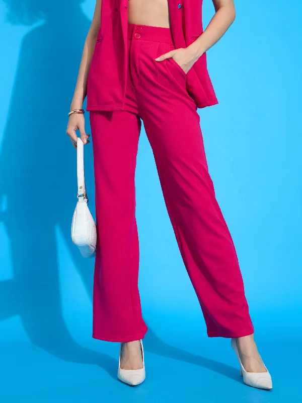 Women Fuchsia Pleated Straight Pants