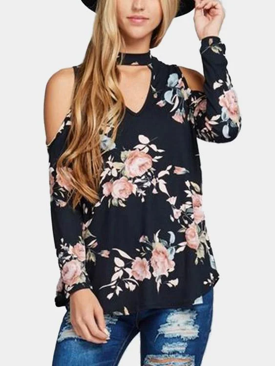 Custom Round Neck Cold Shoulder Floral Print Long Sleeve Black T-Shirts