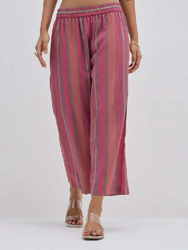 Utsa Dusty Pink Striped High-Rise Cotton Ethnic Pants