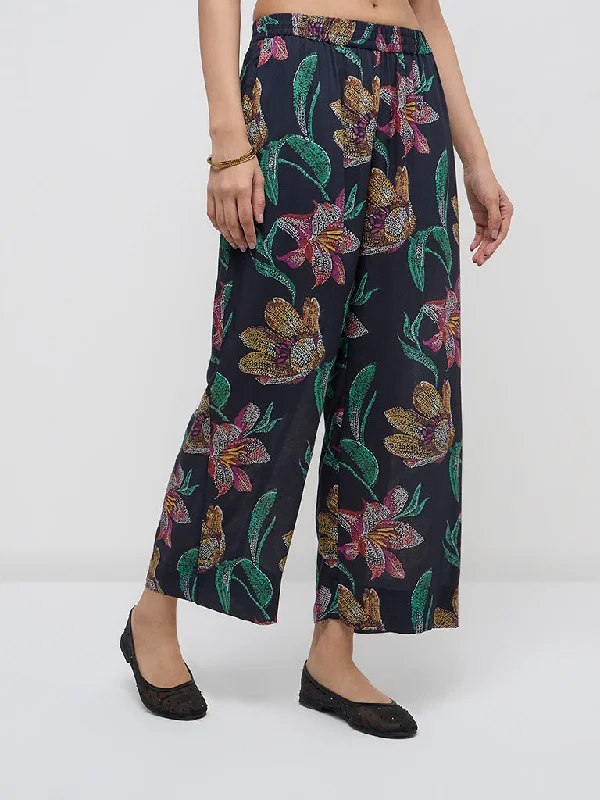 Utsa Black Floral Design High-Rise Ethnic Pants