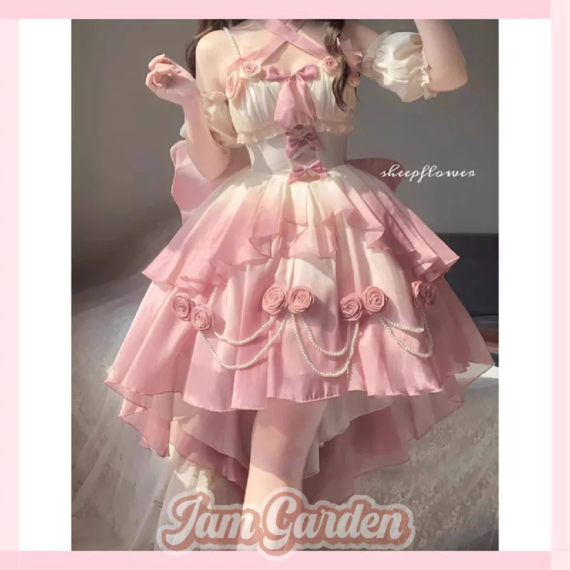 Gradient pink hollow front short back long lolita tail princess dress