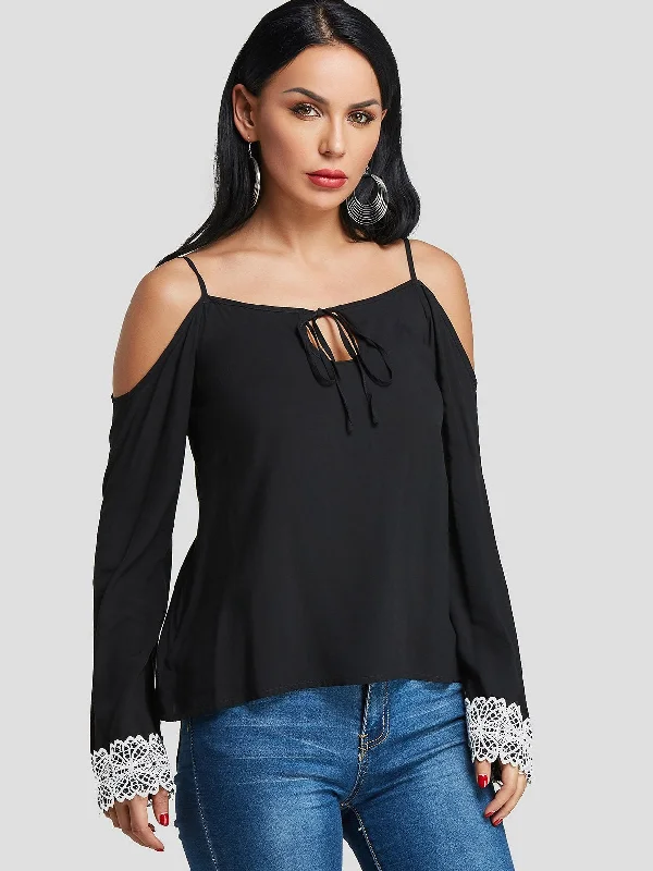 Custom Cold Shoulder Lace Cut Out Long Sleeve Black T-Shirts