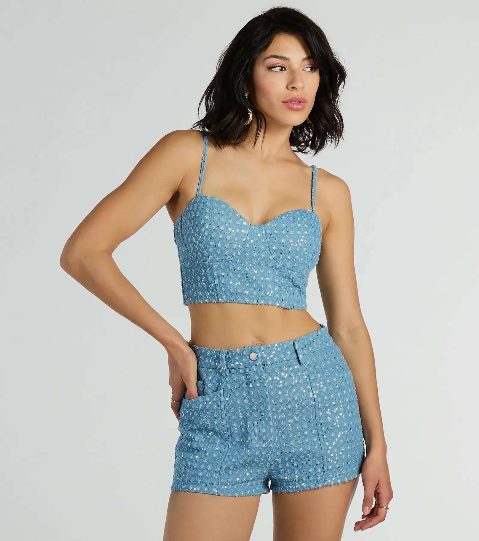 Feeling Flirty Sequin Glitter Denim Bustier Top