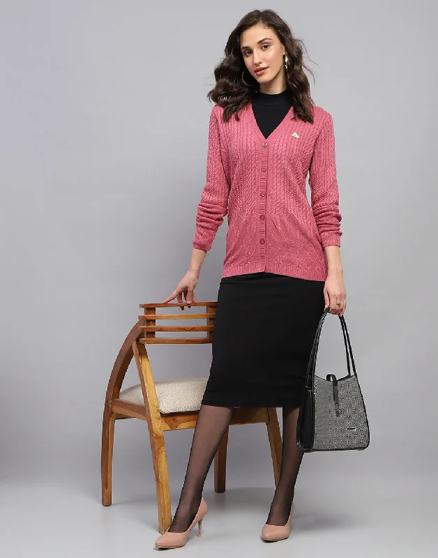 Women Pink Self Design V Neck Full Sleeve Cardigan