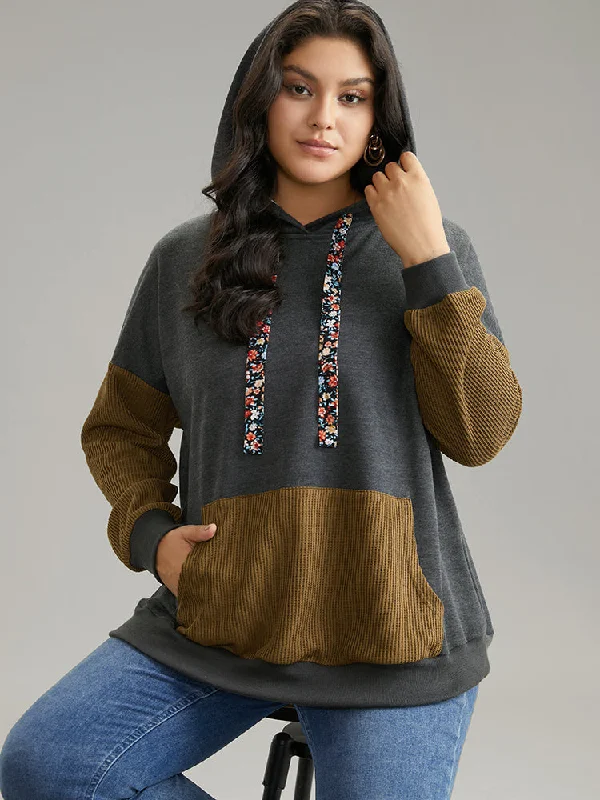 Rib Knit Patchwork Ditsy Floral Ties Sweatshirt