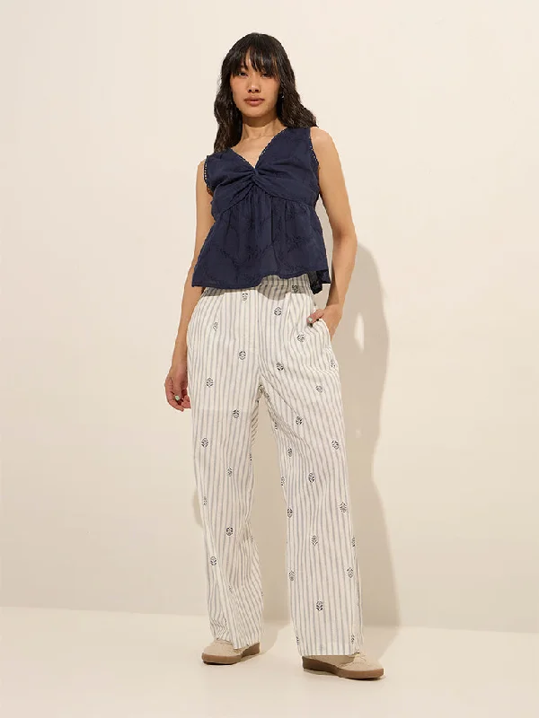 Bombay Paisley Ivory Striped High Rise Cotton Pants