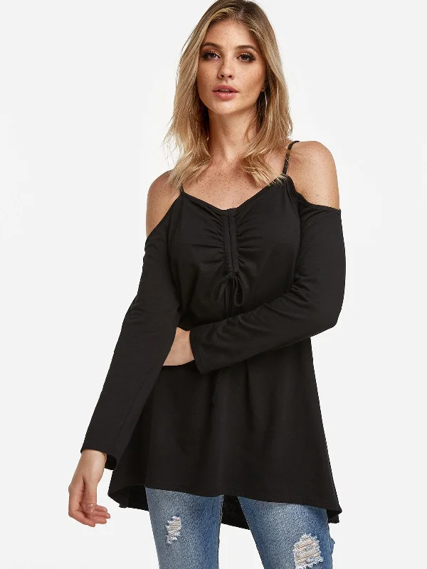 Custom Cold Shoulder Lace-Up Long Sleeve Irregular Hem Black Tee