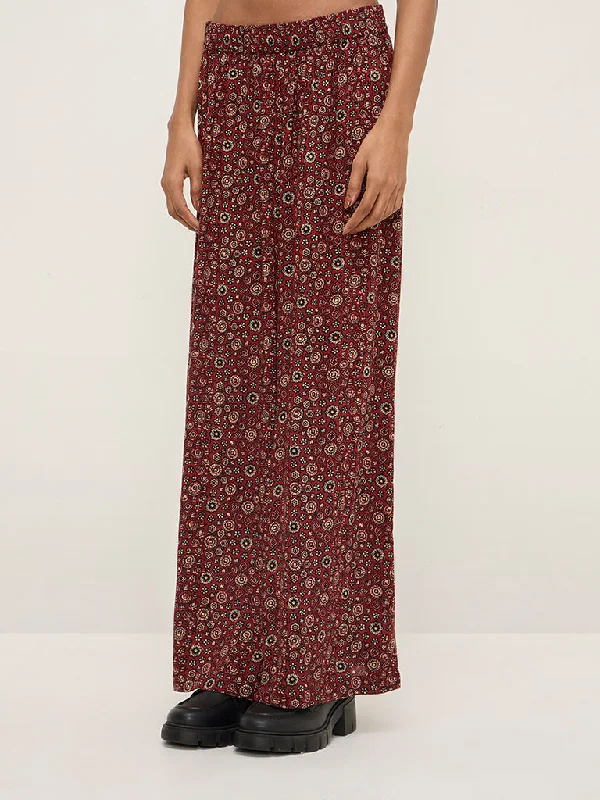 Zuba Maroon Floral Printed High-Rise Ethnic Pants