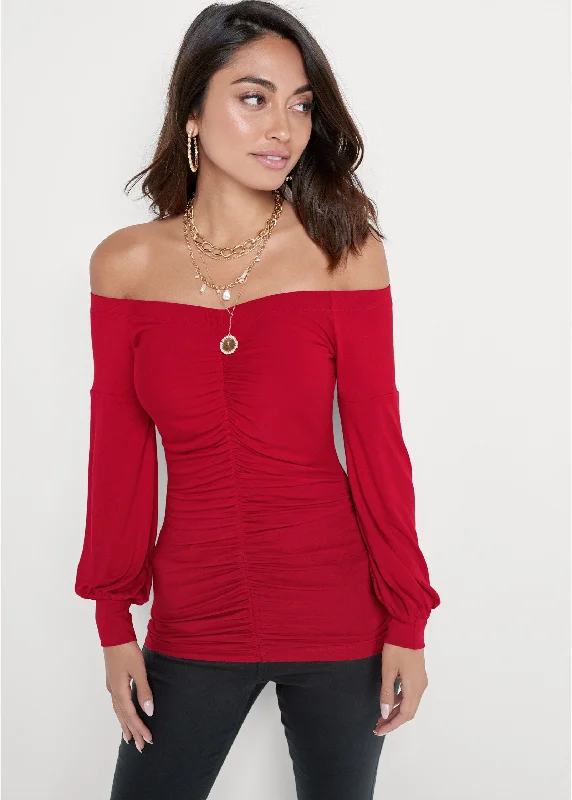 Ruched Off-The-Shoulder Top - Red